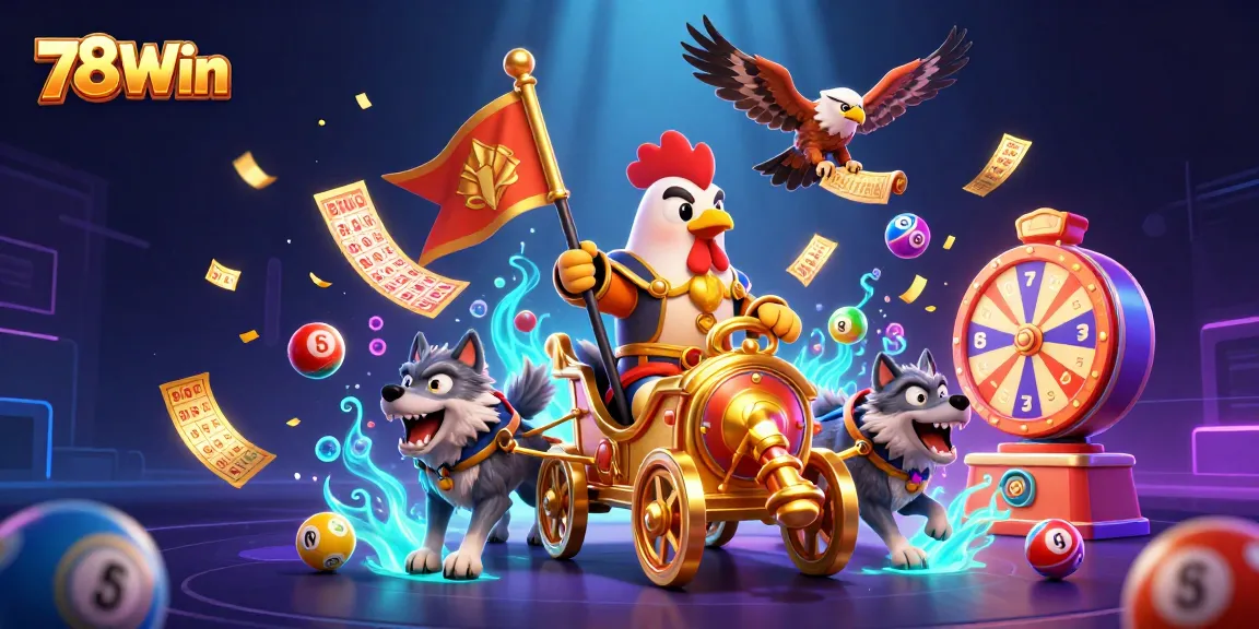 Experience thrilling bets with 78Win, featuring a dynamic 3D scene of a rooster warlord and vibrant lottery elements.