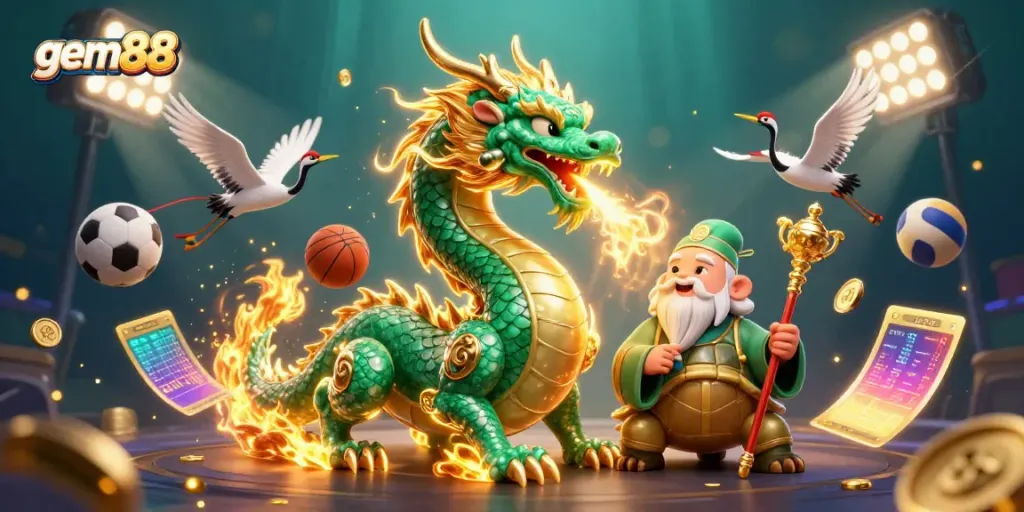 Experience the thrill of gem88 with a 3D scene featuring a jade dragon, lucky cranes, and dynamic sports elements.