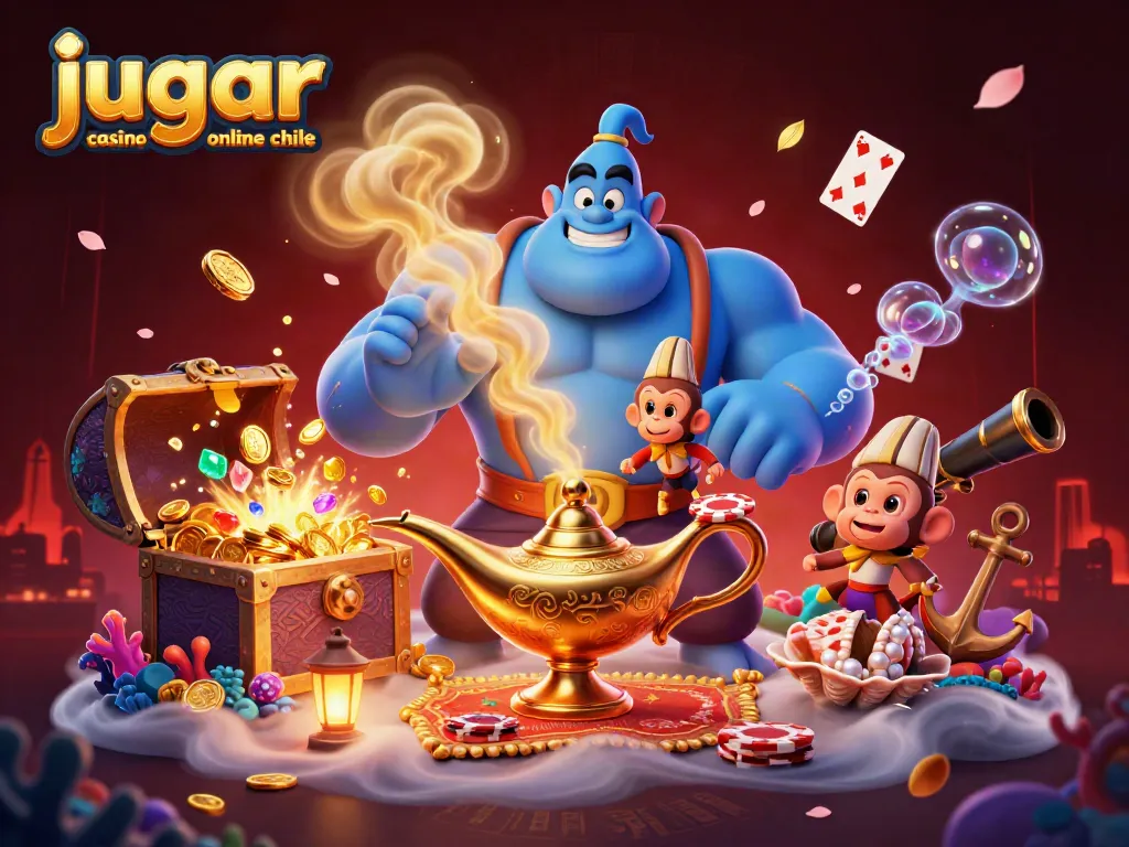 Jugar casino online en Chile con tragamonedas y bonificaciones emocionantes en una ilustración vibrante.