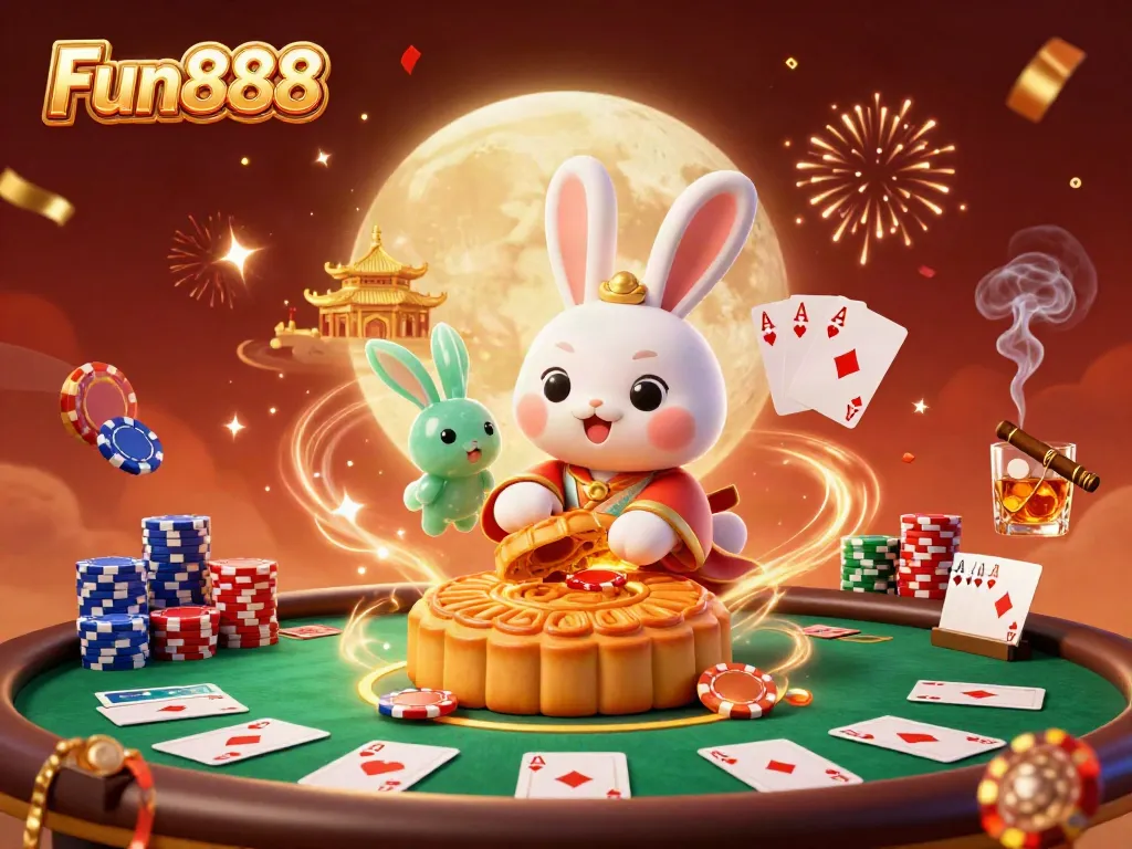 Experience Fun888 with a vibrant moon rabbit theme, showcasing poker chips and casino elements.