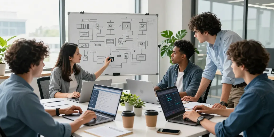 Team collaborating to build internal tools with AI in a modern office setting, showcasing creativity and innovation.