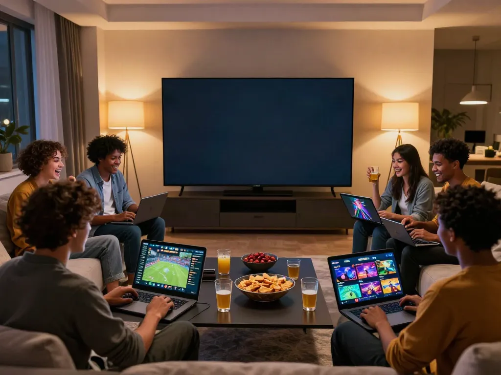 Friends enjoying SKY88 gaming on various devices in a stylish living room.
