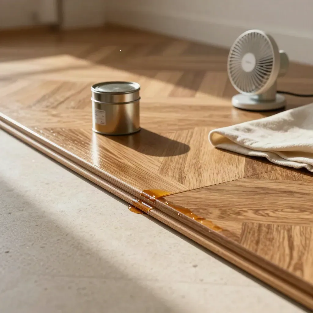 Tablas de parquet barnizadas brillando, con lata sellada y ventilador de secado en una reforma.
