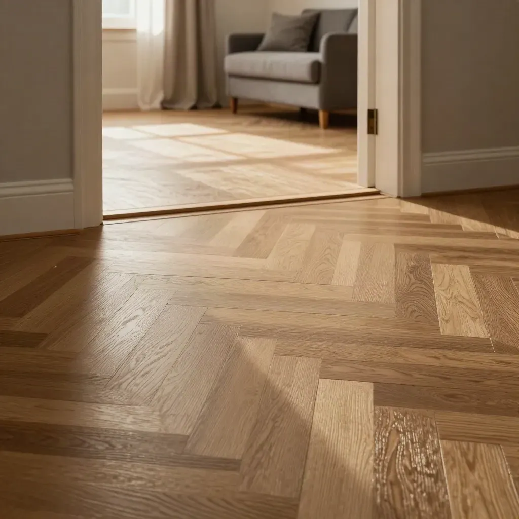 Parquet de roble en espiga recién instalado en un salón reformado, con cuñas y tablas apiladas.
