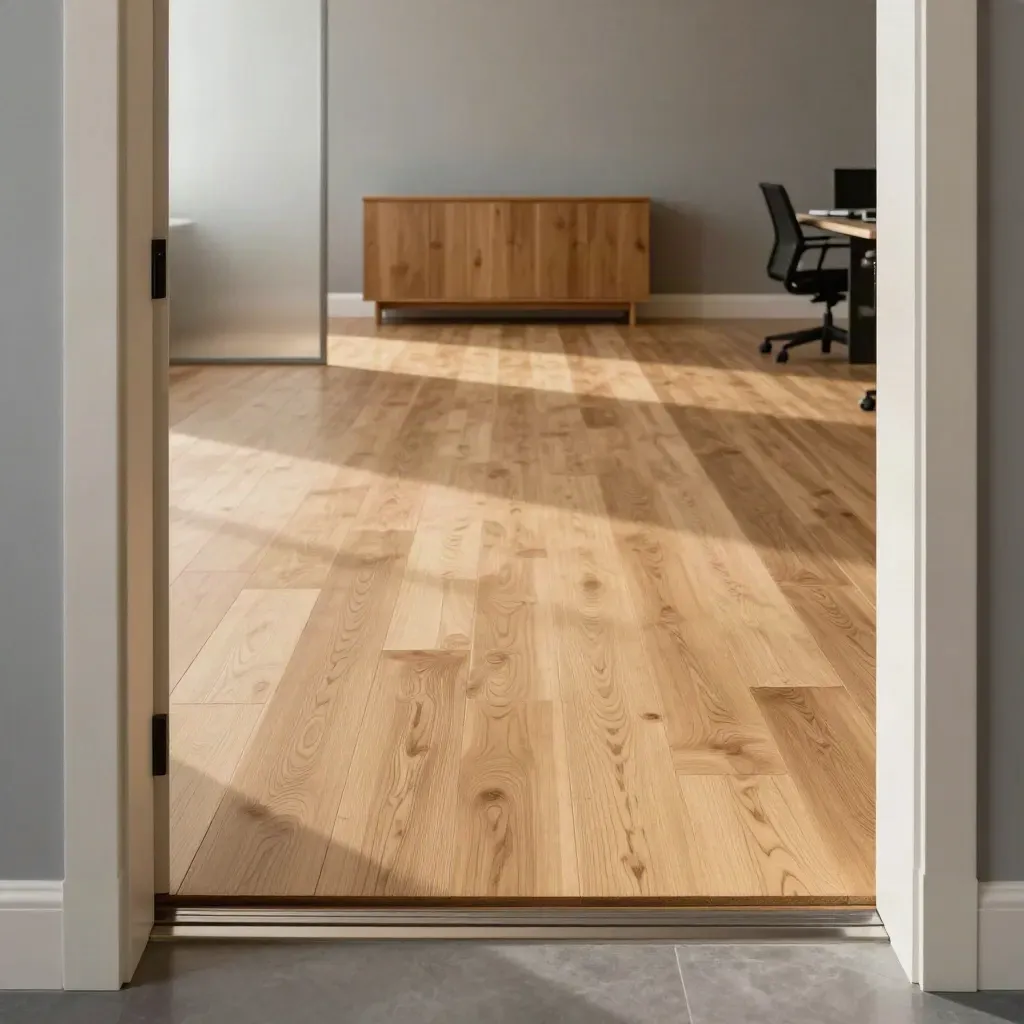 Oficina vacía y lista con parquet de roble nuevo, zócalos rectos y luz suave de mañana.