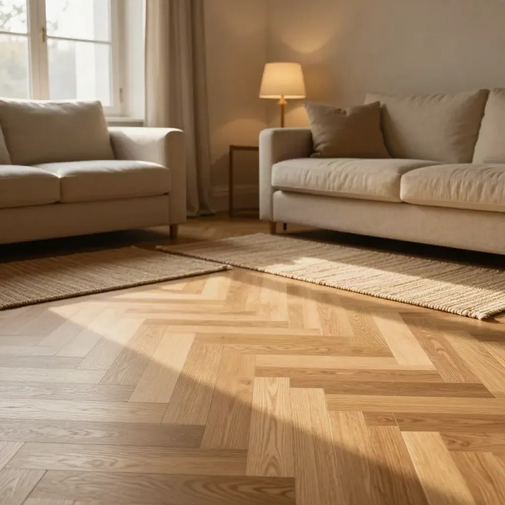 Salón terminado con parquet de roble claro, sofá bajo y luz cálida de tarde.