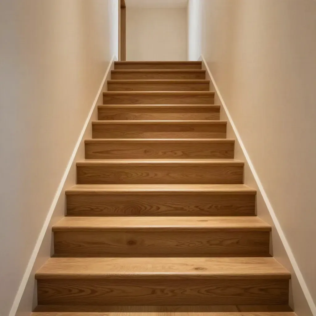 Escalera y pasillo de madera con acabado uniforme, vistos desde la base, en luz dramática.