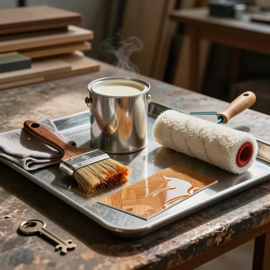 Kit de barnizado sobre bandeja metálica, con muestra de acabado y luz dramática en taller