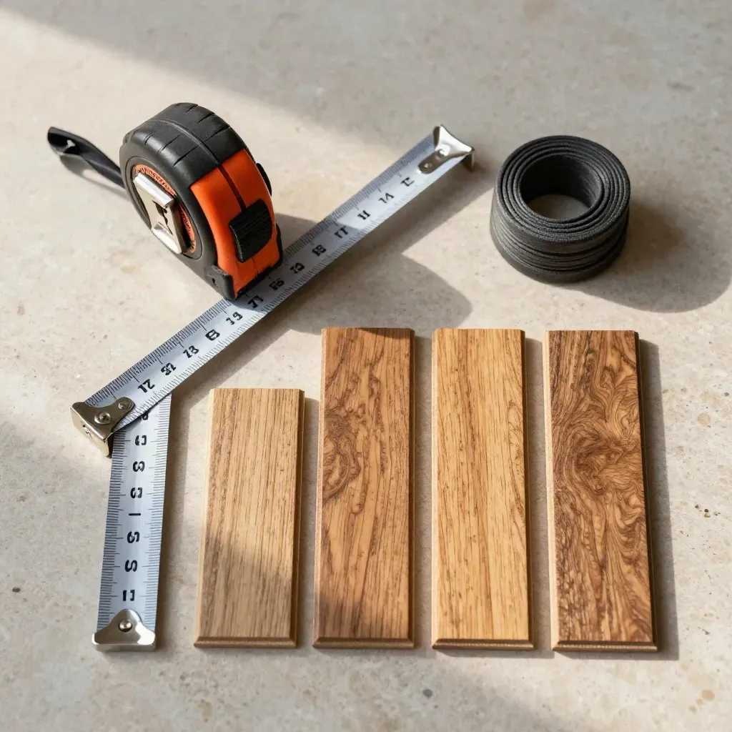 Kit de medición para parquet sobre piedra clara con cinta, regla, tiza y listones de roble.