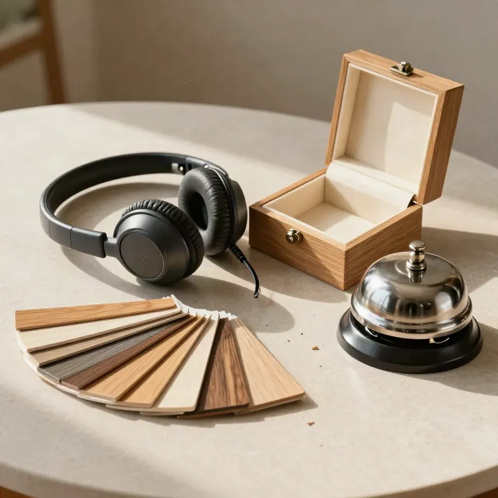 Kit de consulta de parquet con auriculares, muestrario de maderas, caja de roble y timbre sobre piedra.