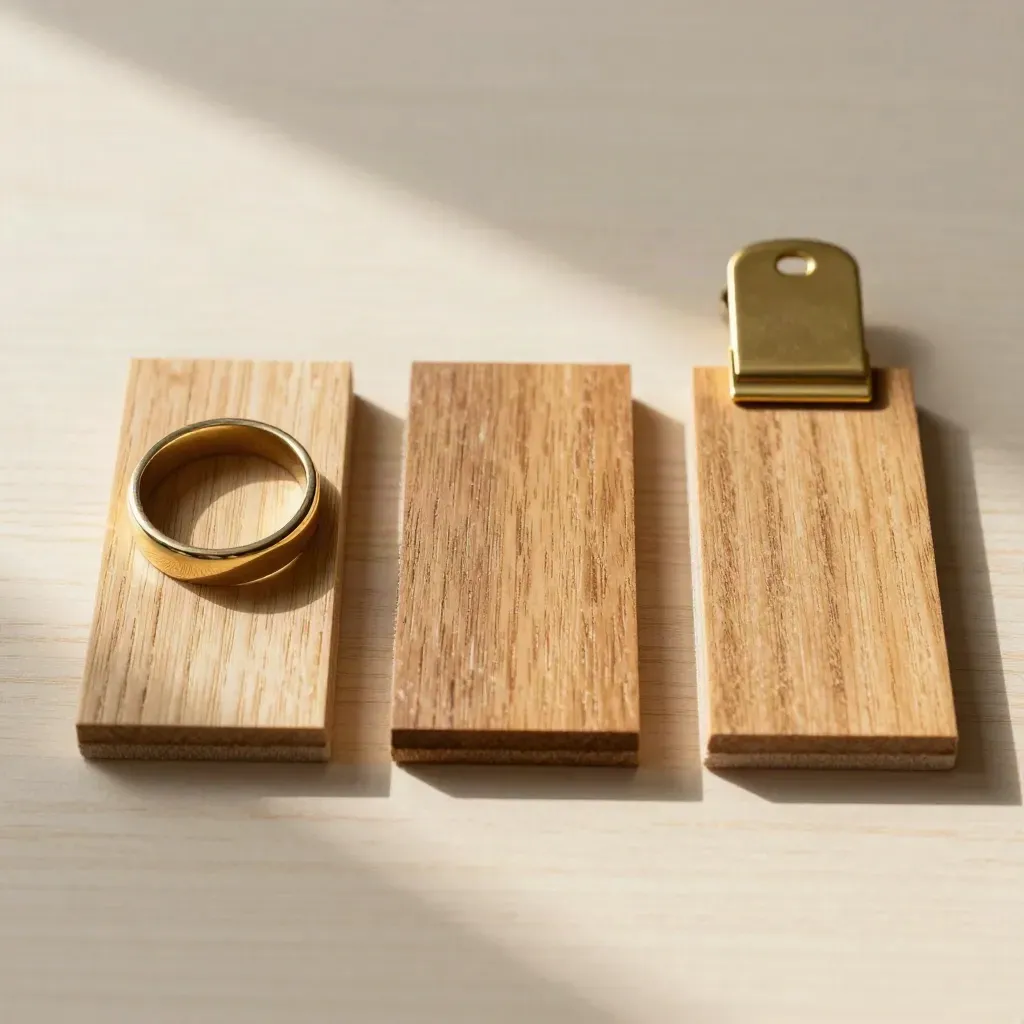 Muestras de parquet de roble con clip y anillo de muestras sobre madera clara.
