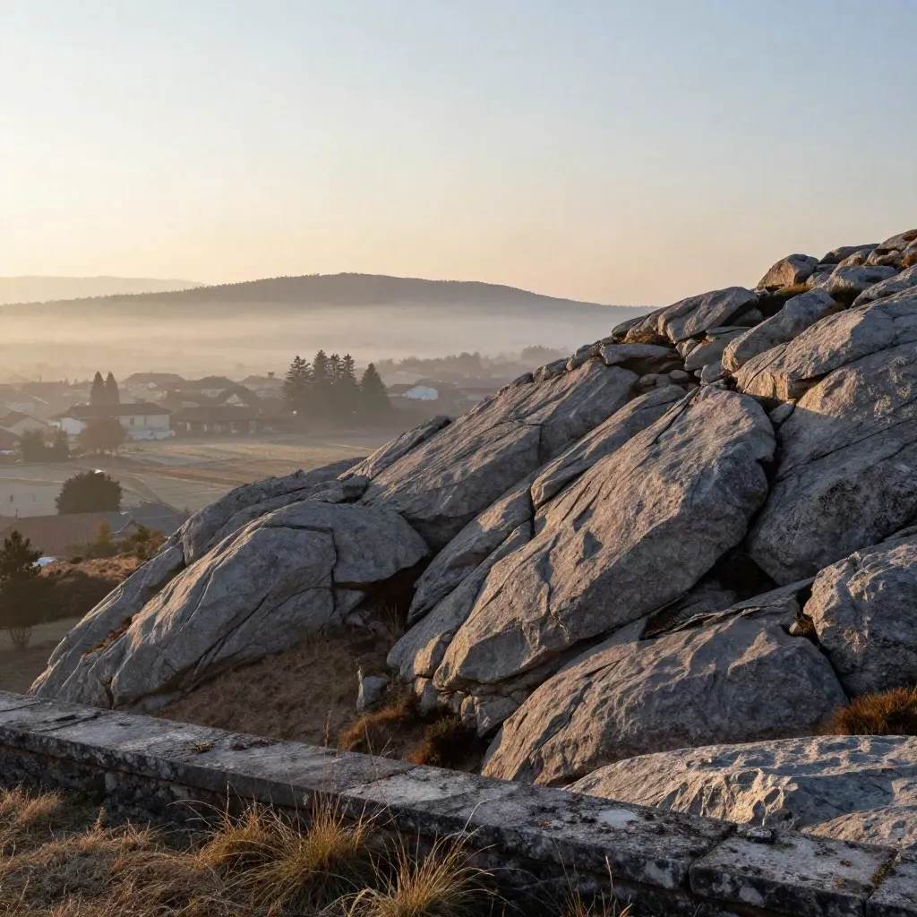 Foothills de la Sierra de Guadarrama al amanecer, con niebla suave y luz dorada sobre el valle.