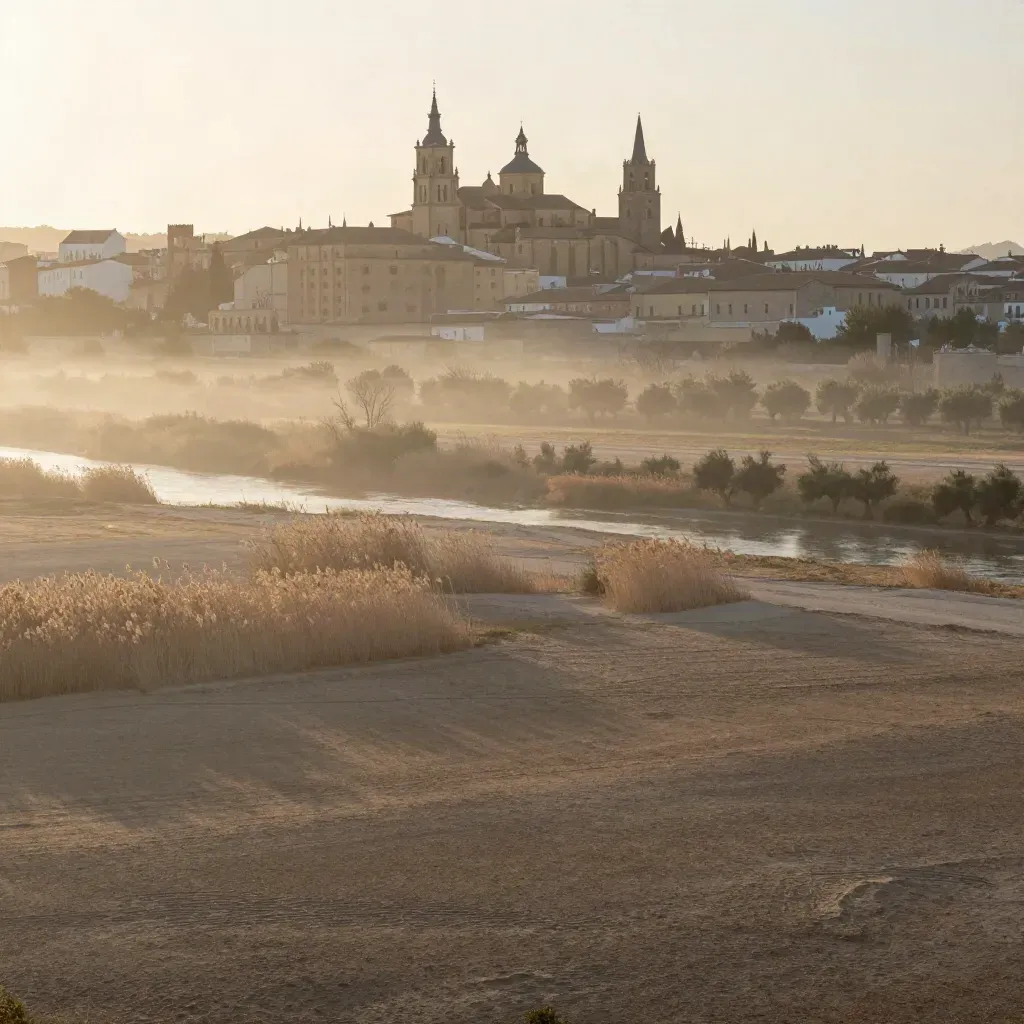 Panorama del Corredor del Henares con Alcalá en lo alto y la vega en bruma