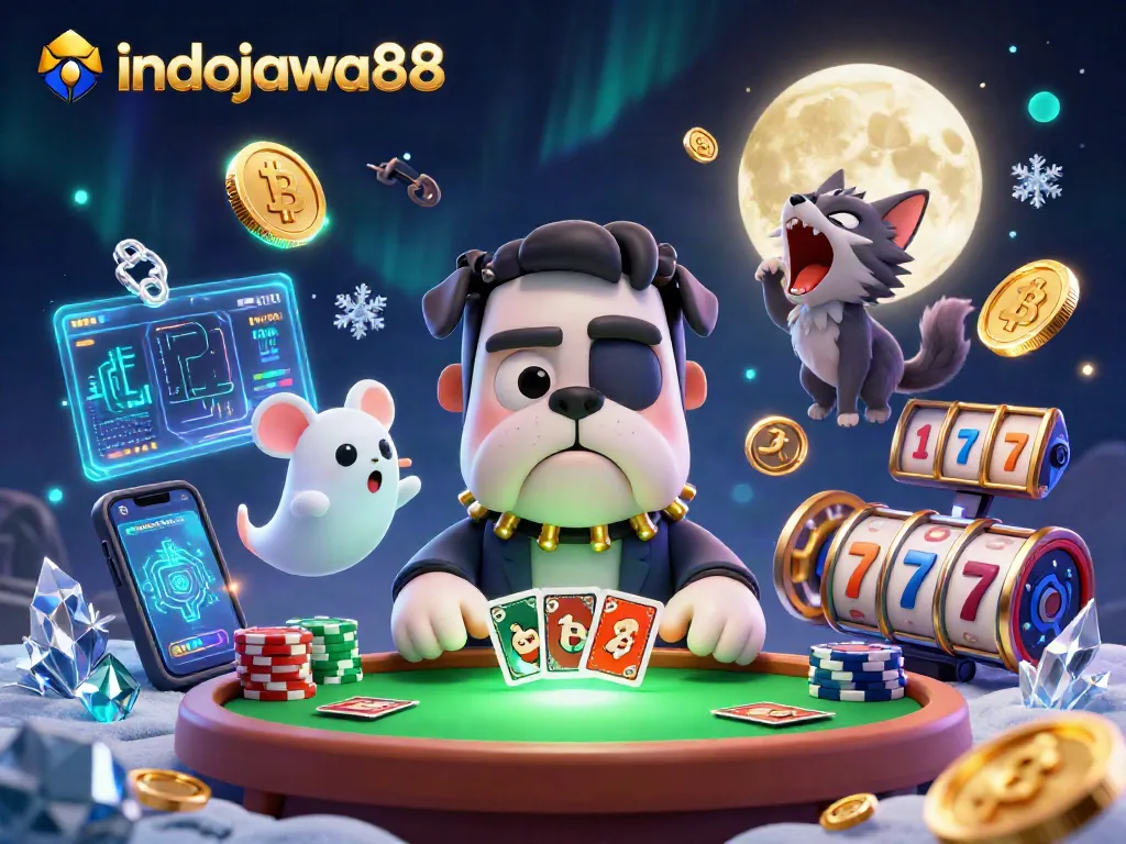 Indojawa88 menampilkan Frankenstein bulldog yang menangani kartu di samping koin Bitcoin dan Ethereum yang bersinar.
