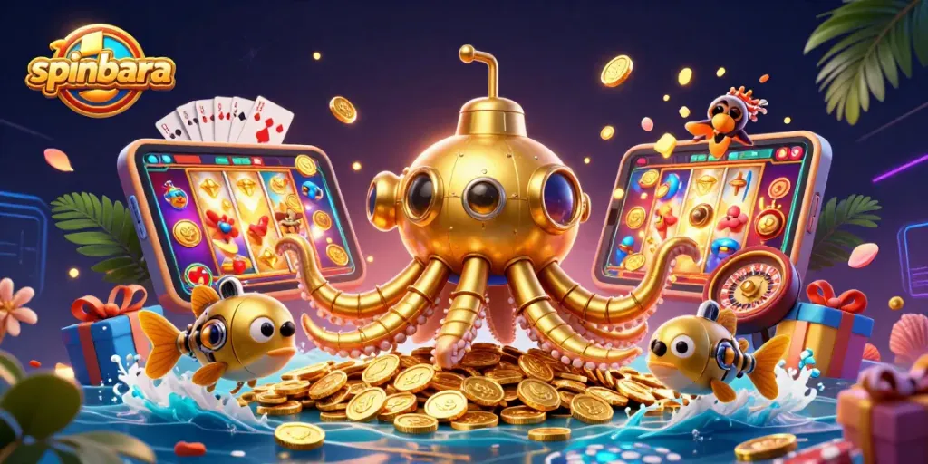 Experience spinbara's thrilling casino adventure with a golden kraken submarine amidst coins and vibrant slot games.