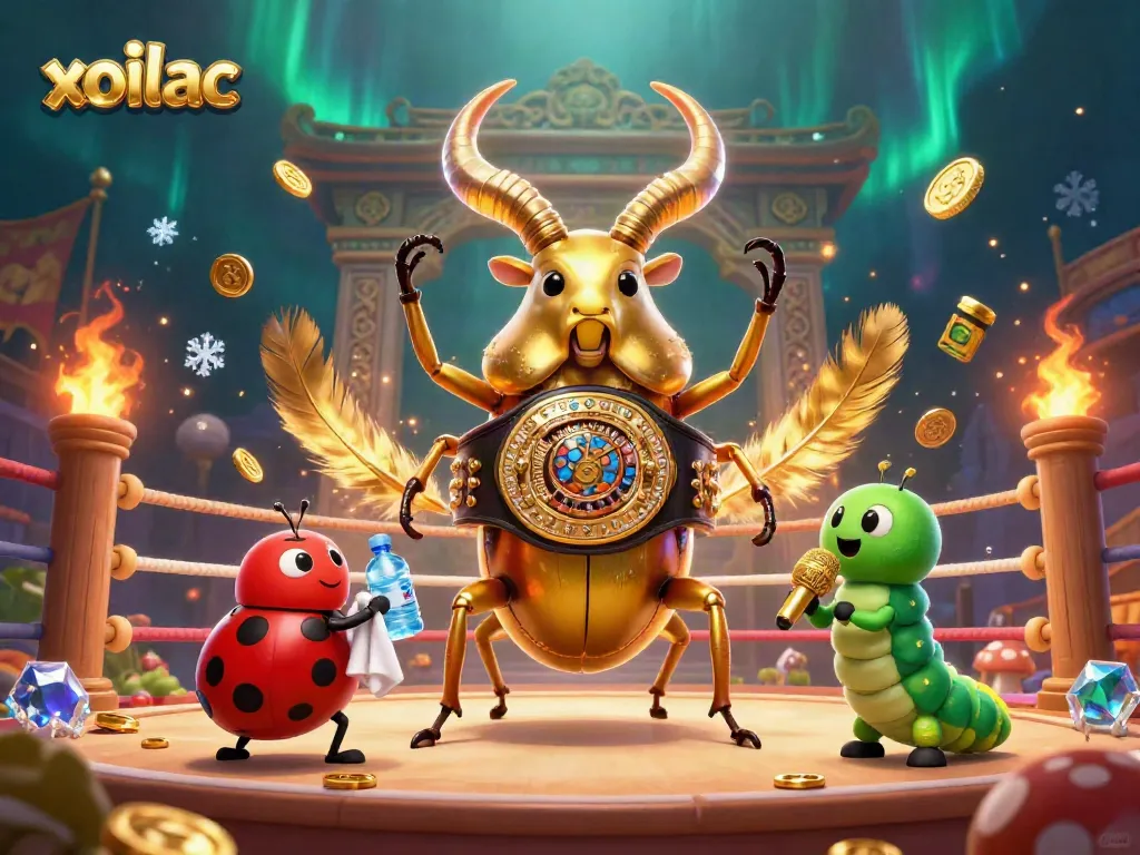Engage in thrilling moments with xoilac as a bold stag beetle faces off in a vibrant sports arena setting.