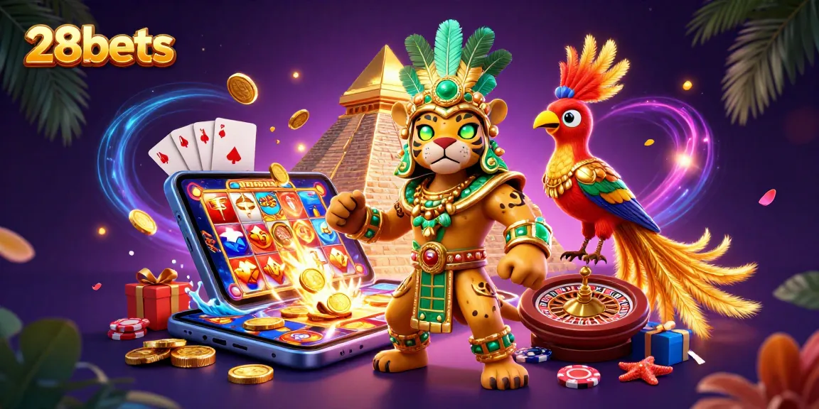 Experience the excitement at 28bets with a vibrant 3D casino scene filled with captivating game elements.