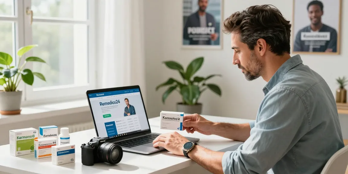 Man buying Kamagra online at Remedios24 pharmacy, showcasing health and wellness.