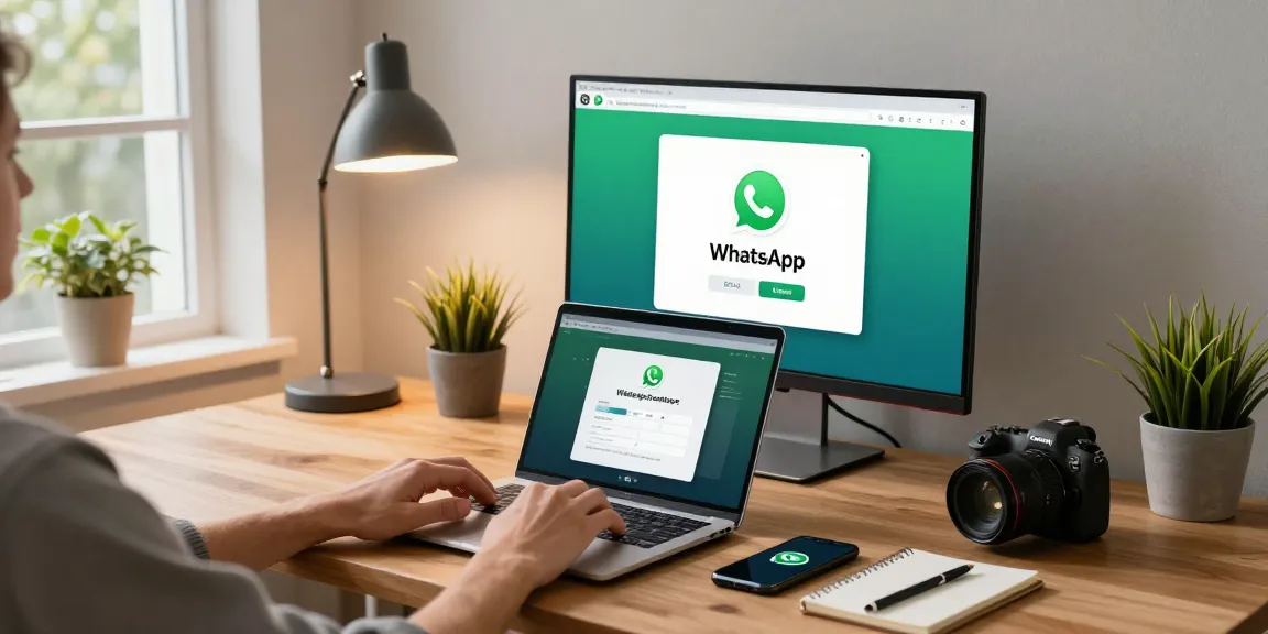 Using WhatsApp電腦版 on a laptop in a modern home office, showcasing productivity and communication.