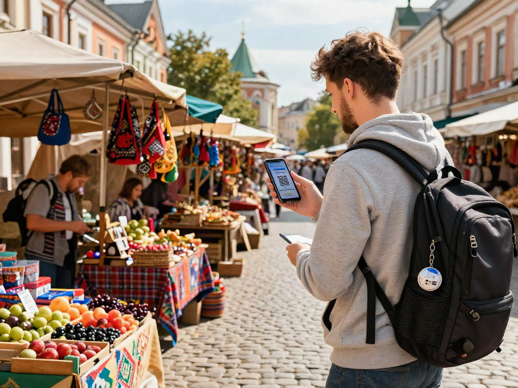 Pagando en un mercado ruso con https://payinrussia.com/ en el móvil, mostrando la cultura local y la facilidad de pago.