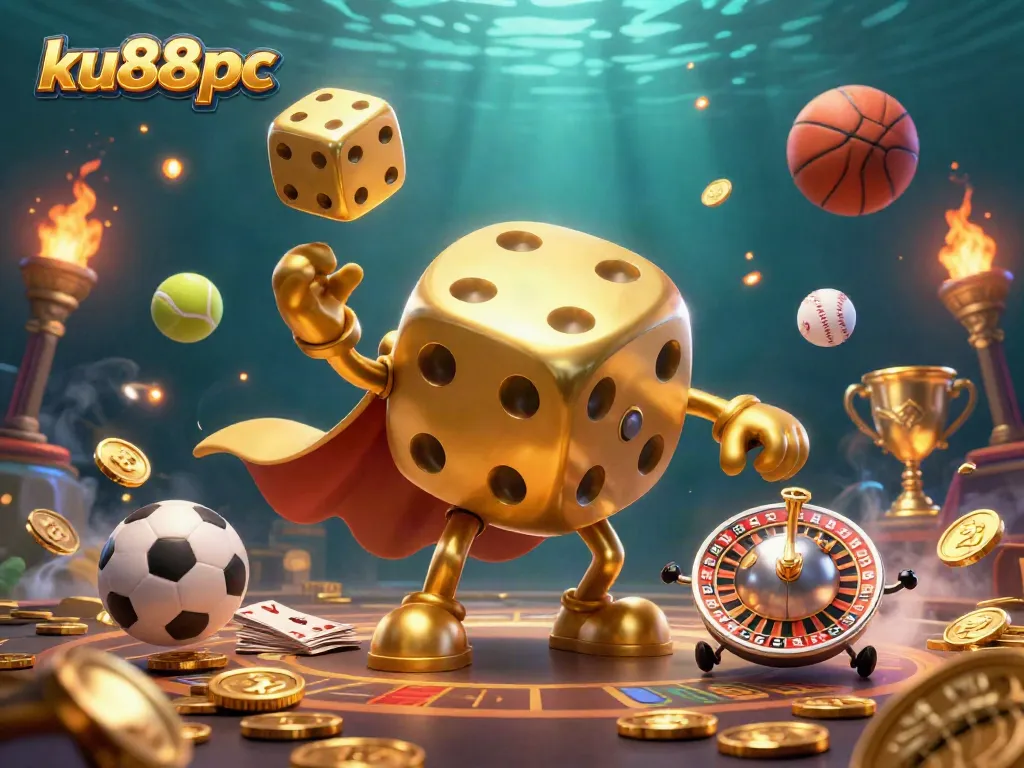 Engage with ku88pc's thrilling gaming scene where a golden dice golem juggles, surrounded by dynamic sports elements and vibrant betting icons.