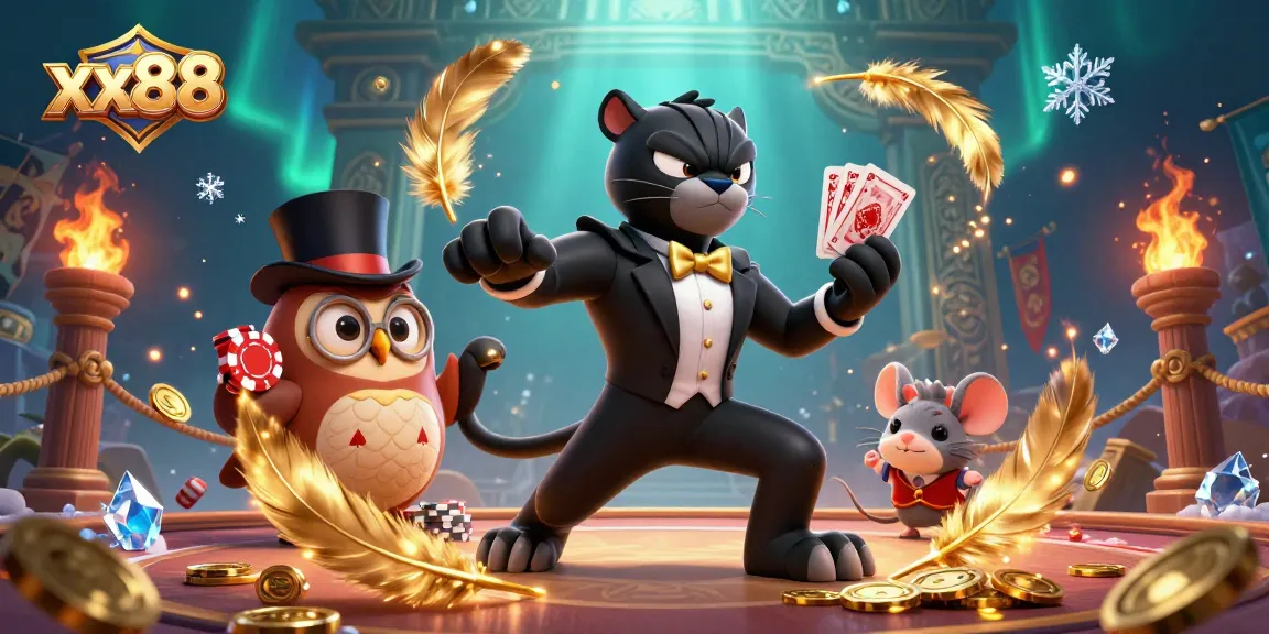 Engage in thrilling gameplay with xx88's colorful casino scene featuring a stylish black panther dealer and playful characters.