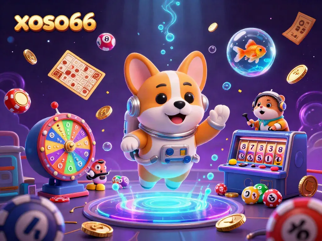 Play and win with xoso66 in a vibrant space casino scene featuring lively characters and lottery elements.
