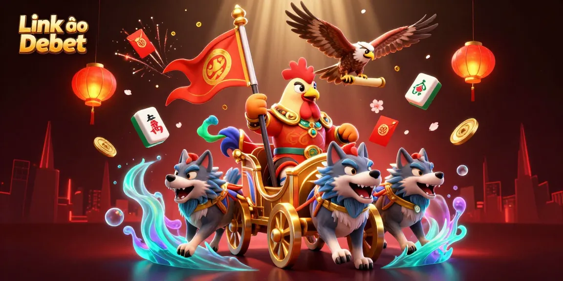 Engage with Link vào Debet in this vibrant casino-themed 3D illustration showcasing rich game elements and characters.