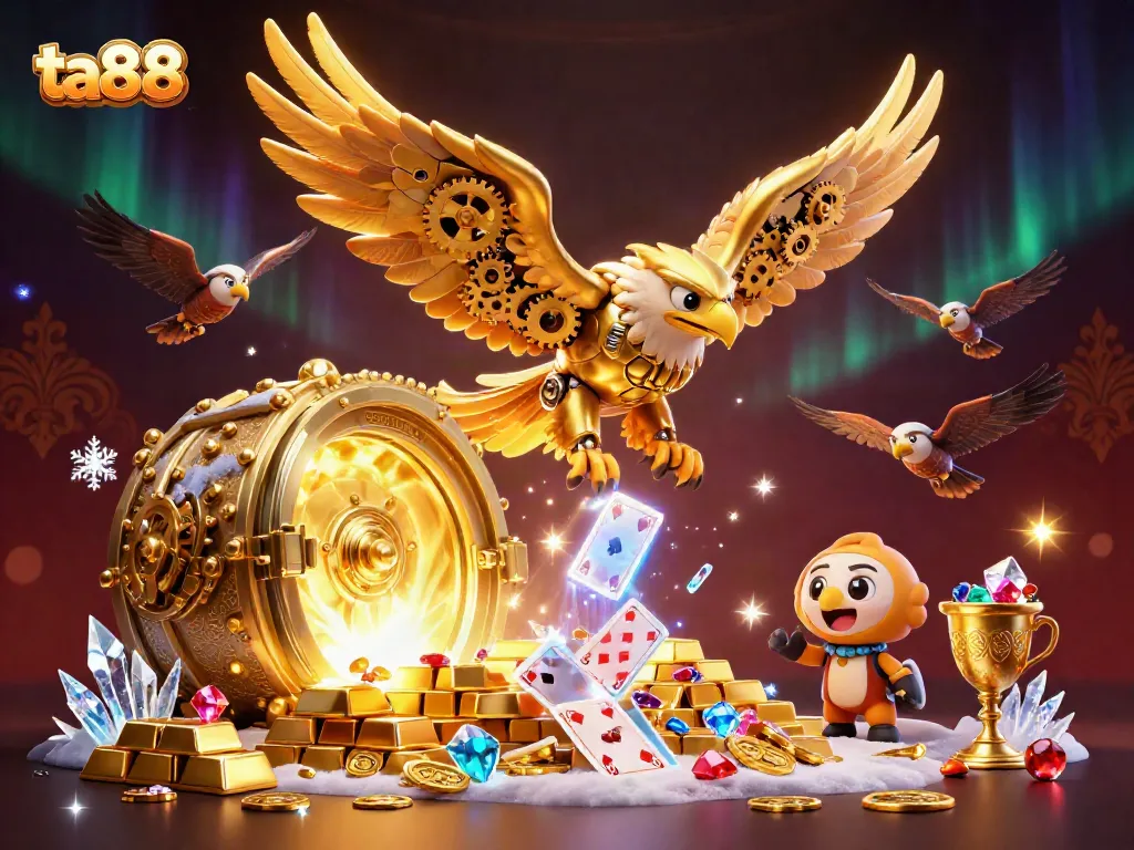 Engage in thrilling gameplay with ta88, featuring a golden eagle soaring among holographic cards and treasures.