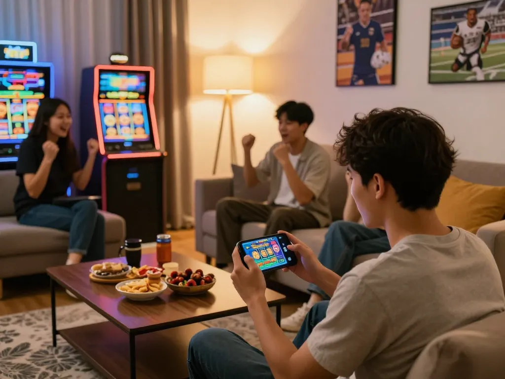 Engaging online gambling experience with MM88 on smartphone in a cozy living room setting.