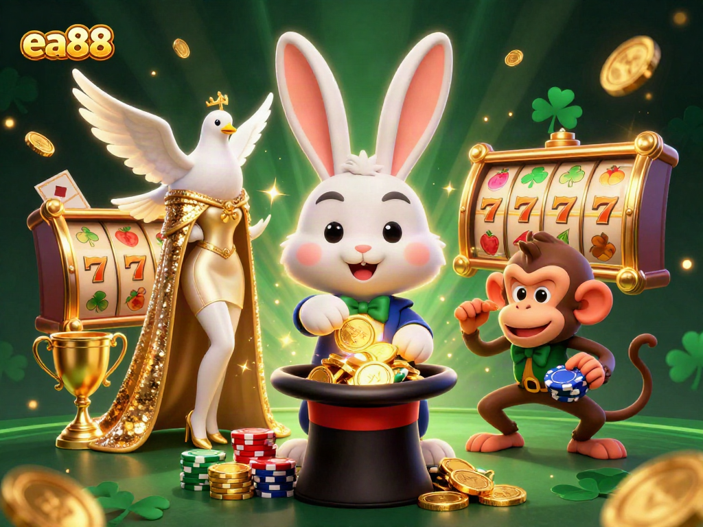 Experience ea88 excitement with a magician rabbit, dove, and monkey in a vibrant casino scene.