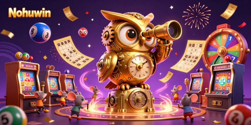 Experience thrilling slots action with Nohuwin's vibrant casino games and characters in this 3D illustration.