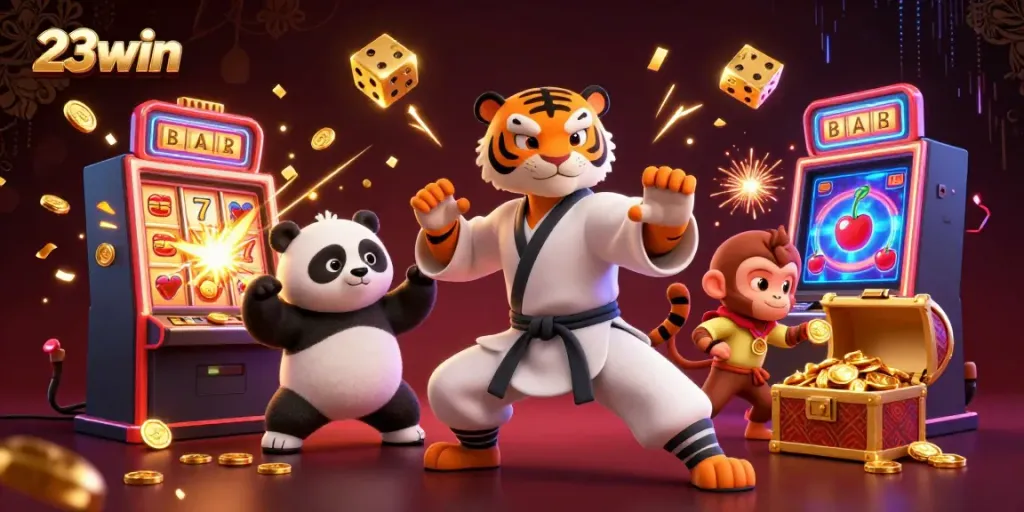 Experience the excitement of winning at 23win with a dynamic 3D illustration showcasing a kung fu tiger, panda, and monkey amidst a vibrant casino scene.