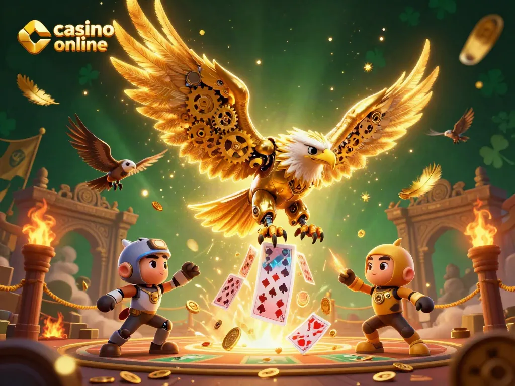 Un casino online vibrante con un águila cibernética dorada y cartas holográficas en un entorno lleno de acción.