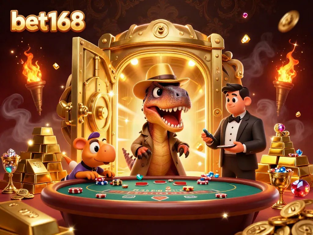 Experience the thrilling world of bet168 as a velociraptor card counter navigates blackjack amidst dazzling treasures.