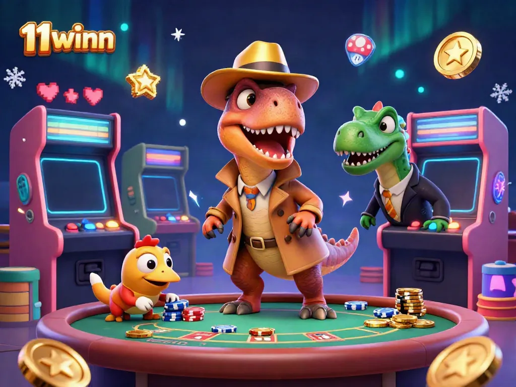 Engaging scene showcasing 11winn’s captivating casino themed with a velociraptor card counter, a stegosaurus pit boss, and vibrant gaming elements.