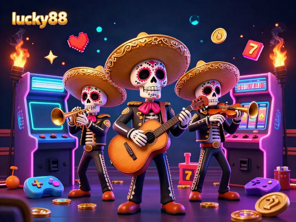Experience thrilling casino fun with lucky88 in a vibrant 3D scene featuring a mariachi band and arcade elements.