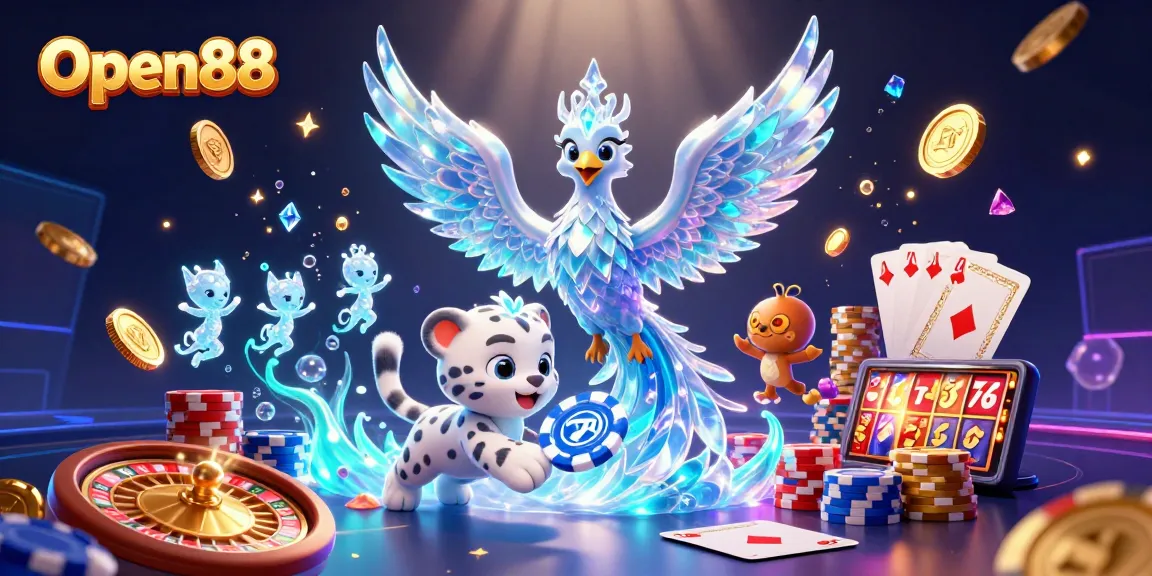 Experience the thrill of Open88 with 3D elements including poker chips and casino games.