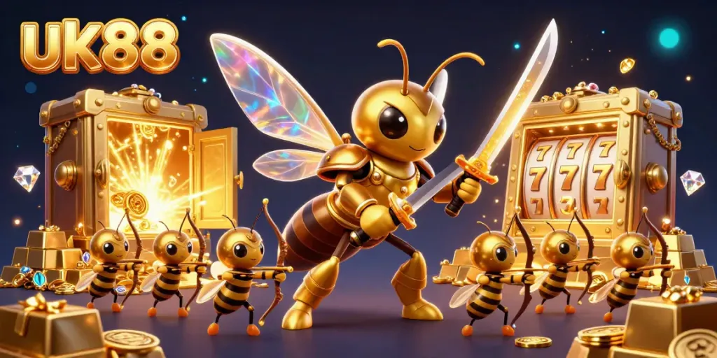 Engage in thrilling gameplay at UK88, featuring a golden hornet and treasures in a vibrant casino landscape.
