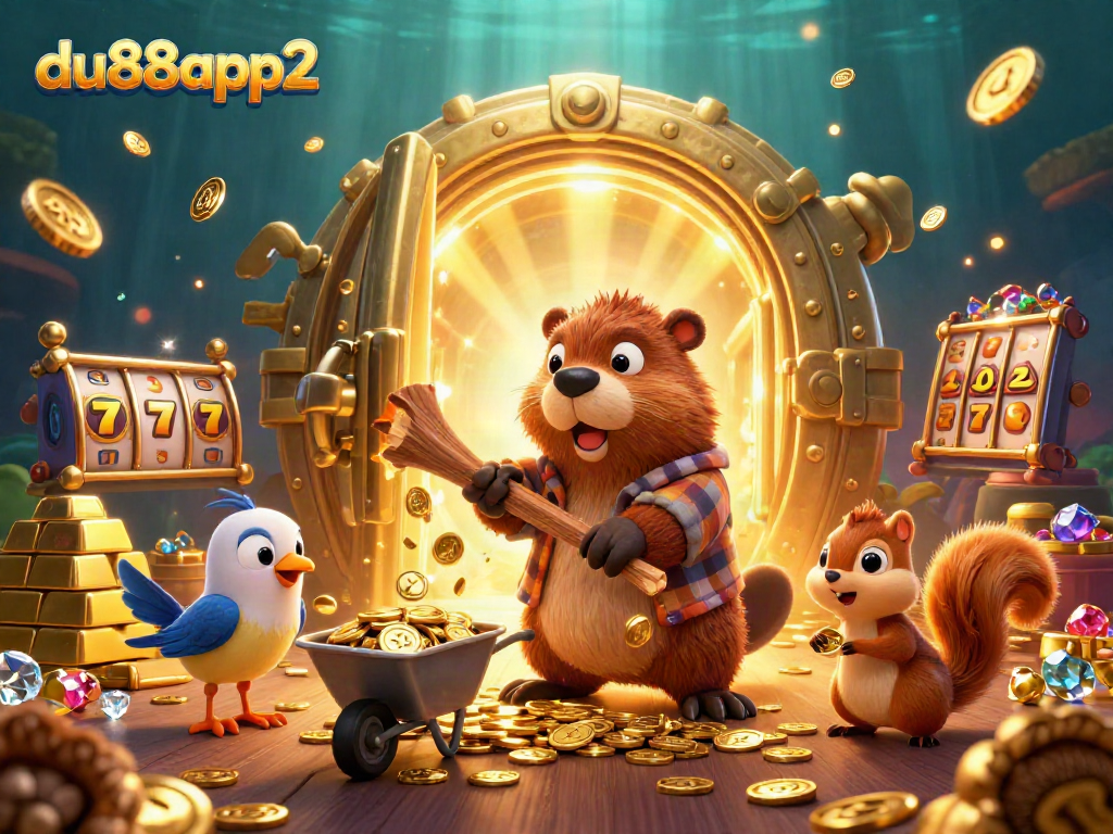 du88app2 showcases a vibrant casino scene with golden coins raining from a tree, embodying fun and excitement.
