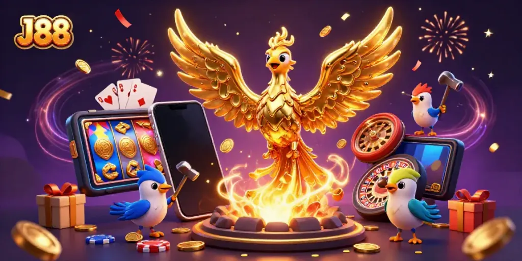 Experience the excitement at J88 with a molten golden phoenix symbolizing jackpots and wins.