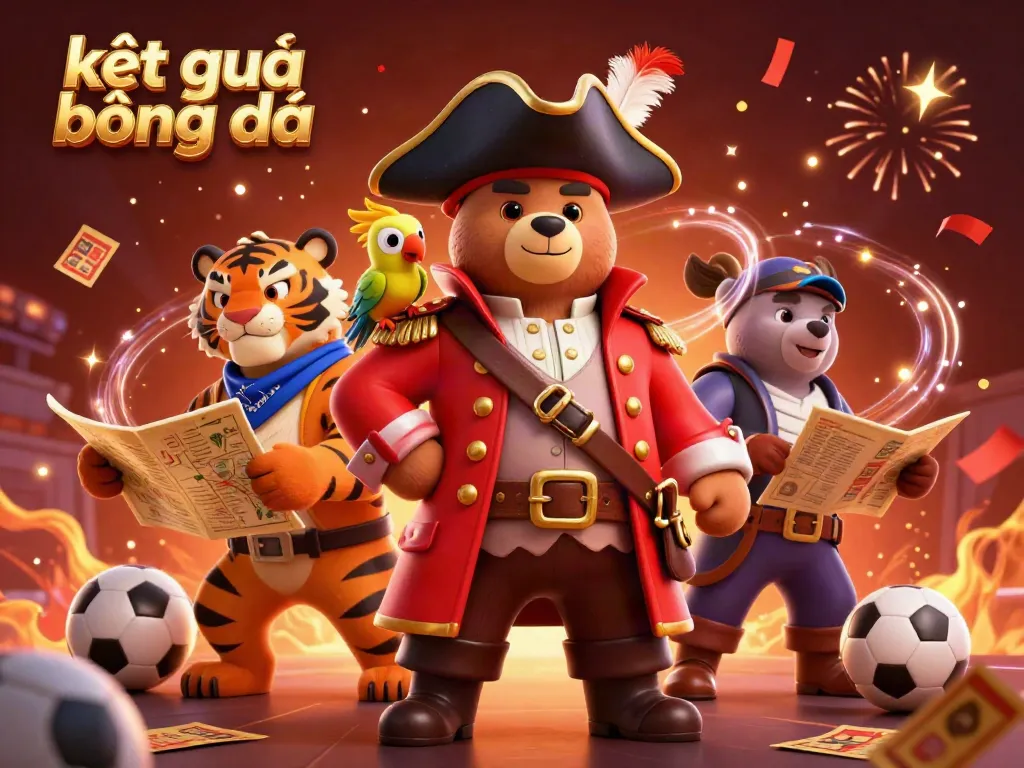 Experience kết quả bóng đá in a thrilling scene with a pirate bear and companions amidst soccer and betting elements.