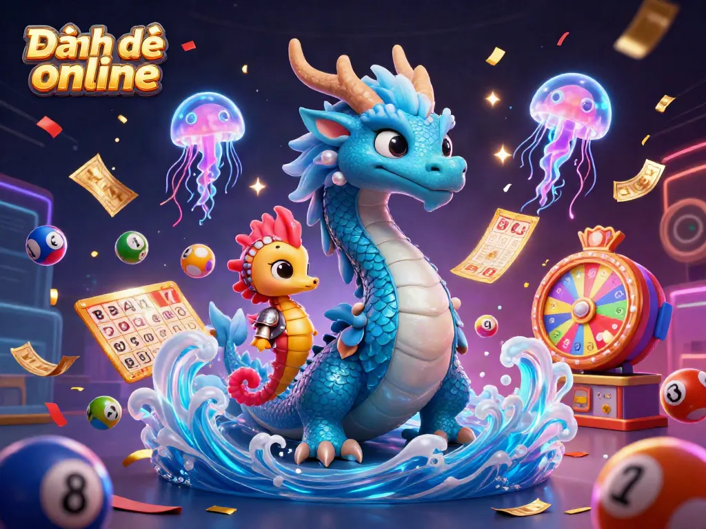 Engaging scene of Đánh đề online featuring vibrant lottery elements with a cartoon dragon and seahorse.