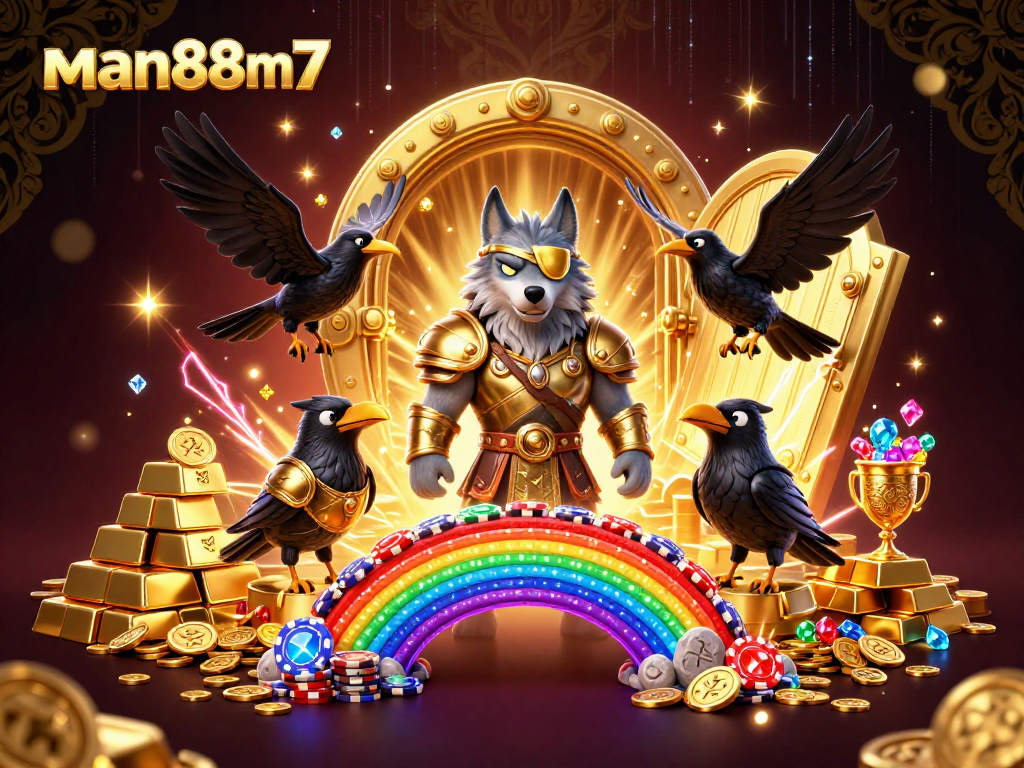 Win big with man88m7 in a stunning casino scene featuring mythological characters and treasures.