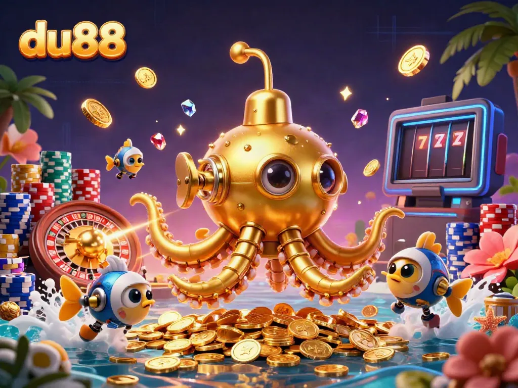 Experience thrilling casino adventures with du88 as a golden kraken submarine surfaces through golden coins.