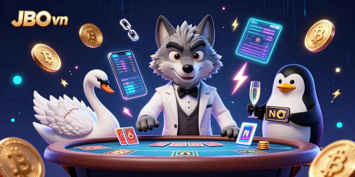 Experience the excitement of JBO vn with a lively casino scene featuring a wolf, swan, and penguin.