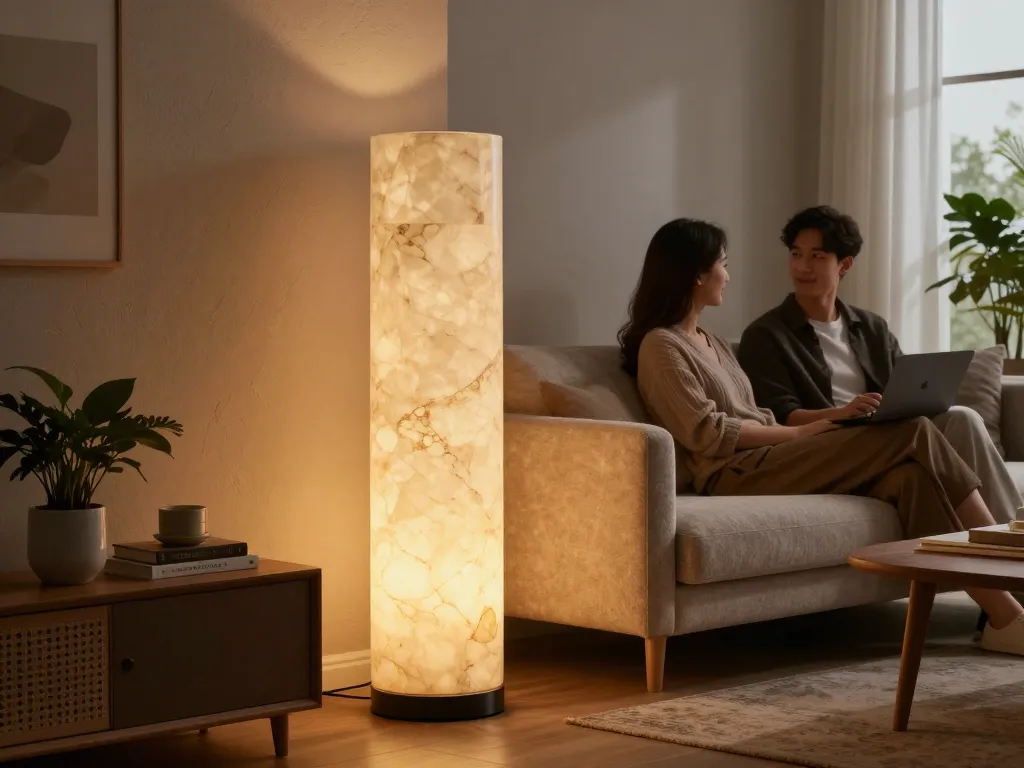 Lámparas de travertino elegantes iluminando una acogedora sala de estar con decoración moderna.