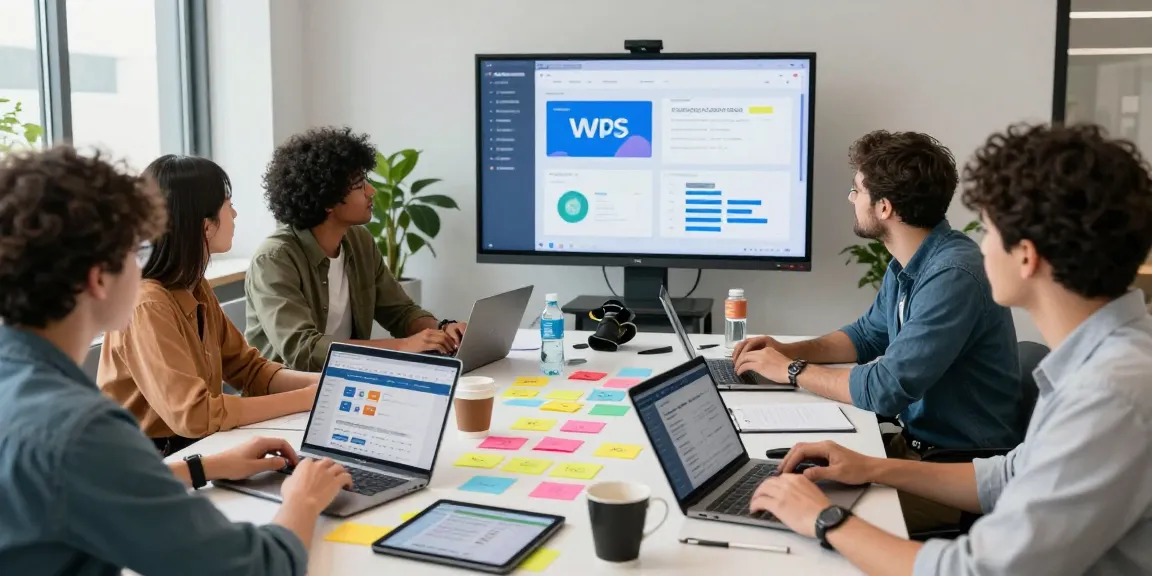 Team collaborating in modern workspace featuring WPS Official Website on screens, showcasing innovation.