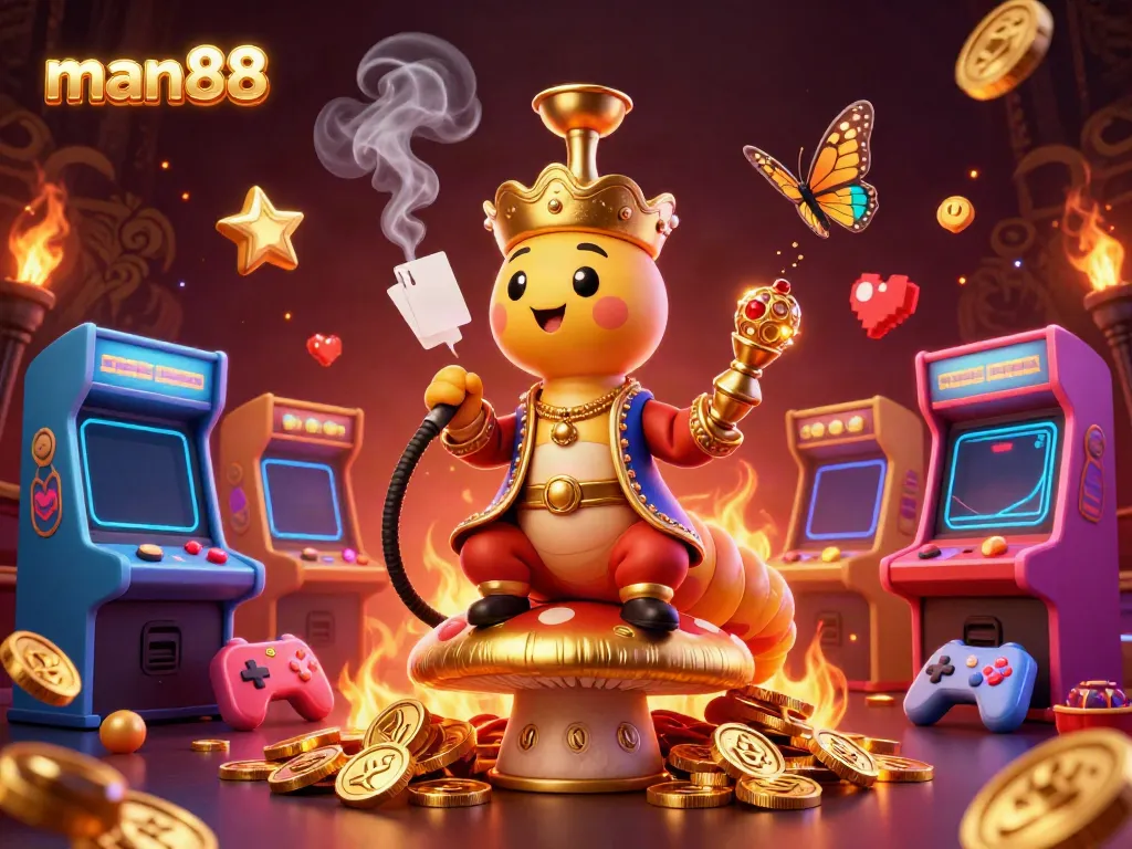 Play thrilling games at man88 with a magical 3D scene featuring a caterpillar hookah-master overseeing the excitement.