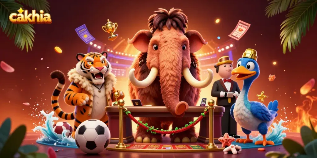 Cakhia explores sports betting excitement with cartoon characters in a vibrant, dynamic illustration.